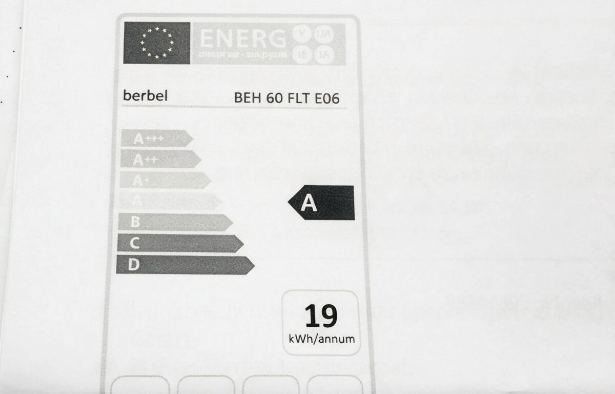 Energieetikett der berbel Flachschirmhaube BEH 60 FLT E06 mit Energieeffizienzklasse A und einem angegebenen Jahresverbrauch von 19 kWh.