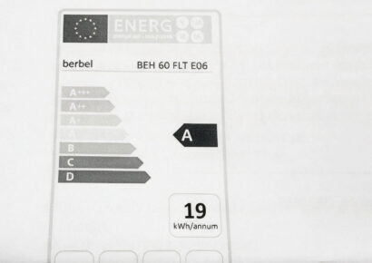 Energieetikett der berbel Flachschirmhaube BEH 60 FLT E06 mit Energieeffizienzklasse A und einem angegebenen Jahresverbrauch von 19 kWh.
