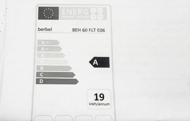 Energieetikett der berbel Flachschirmhaube BEH 60 FLT E06 mit Energieeffizienzklasse A und einem angegebenen Jahresverbrauch von 19 kWh.