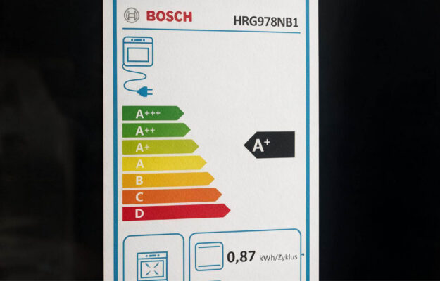Energieetikett des Bosch Backofens HRG978NB1 mit Energieeffizienzklasse A+ und einem angegebenen Verbrauch von 0,87 kWh pro Zyklus.