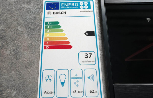 Energieetikett eines Bosch Tischlüfters mit Energieeffizienzklasse A, 37 kWh Jahresverbrauch und angegebener Geräuschentwicklung von 62 dB.
